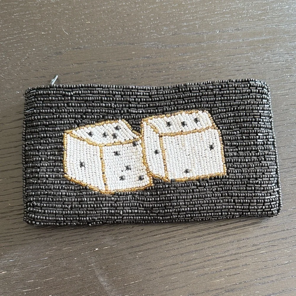 Beaded Dice Design Cosmetic Travel Bag - Black and Gold